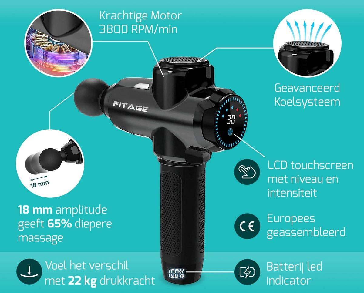 FITAGE Massage Gun Professioneel - 12 Opzetstukken - Massage Apparaat - Massage Pistool 30 Standen - Massageapparaat - Massagegun