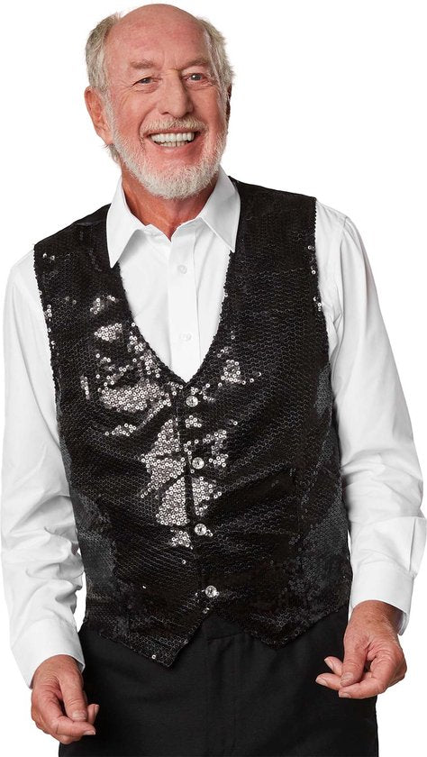 dressforfun - Paillettenvest heren zwart XL - verkleedkleding kostuum halloween verkleden feestkleding carnavalskleding carnaval feestkledij partykleding - 303974