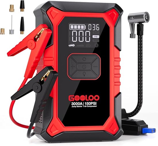 GOOLOO A3 - Draagbare Jumpstarter met Compressor & Powerbank - 3000A - 12V Voertuigen - USB Snelladen - Compact Design - LED Zaklamp - Voor Auto, Motor & Boot