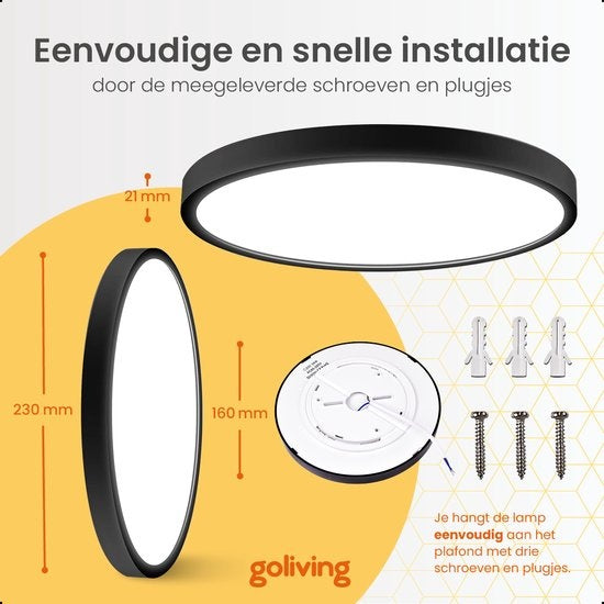 Goliving Plafondlamp – Plafonniere – Led – Extra Dun – 3 lichtkleuren– Slaapkamer – Badkamer – Woonkamer – Ø 23cm – Zwart