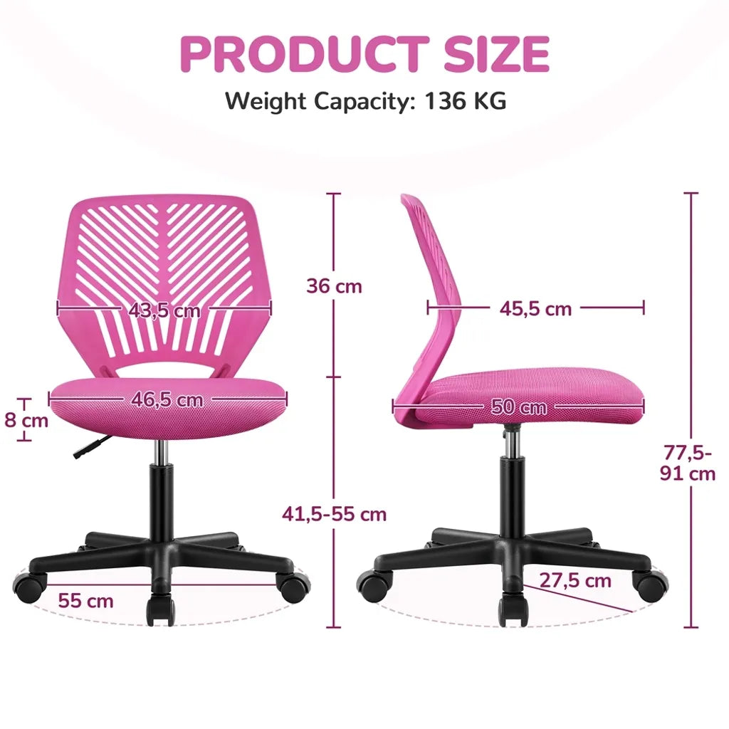 Yaheetech Bureaustoel Verstelbaar 50 x 55 x 79-92 cm - Roze - Draaistoel zonder Armleuningen