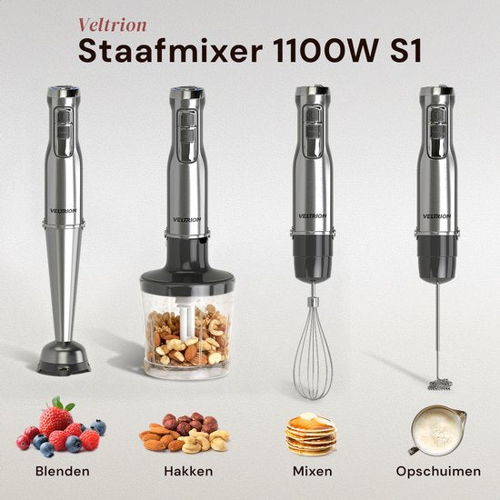 Staafmixer PRO 6-in-1 Set - 1100W - Titanium Messen - Gratis Spatel - Turbofunctie - Incl. Hakmolen, Garde, Melkopschuimer & Maatbeker - PFAS-vrij