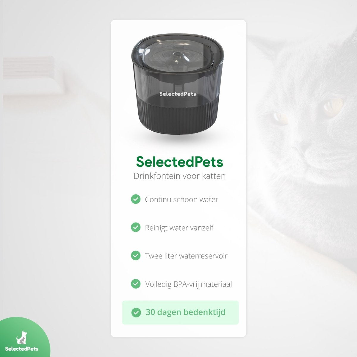 Drinkfontein kat en hond - Zwart - 1.8L - Met filter