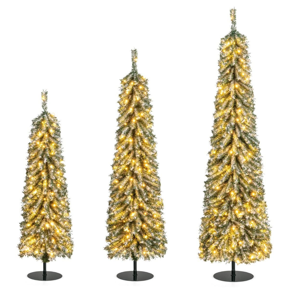 Coast Kunstkerstbomen Set - potloodvorm - met nepsneeuw en LED-verlichting - 120/150/180 cm