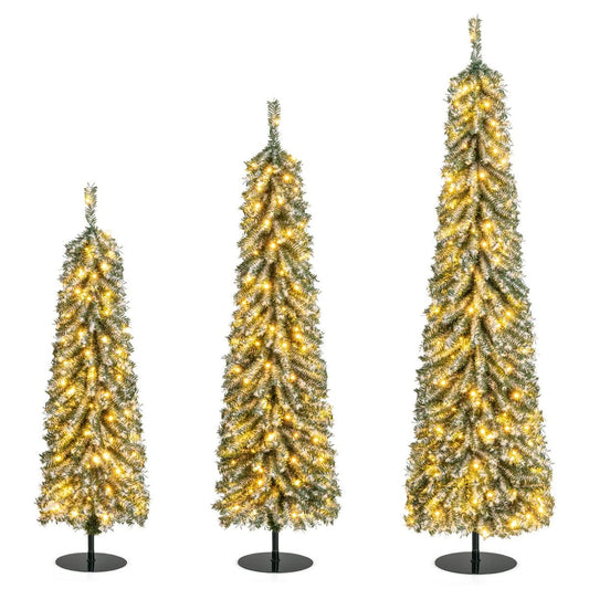 Coast Kunstkerstbomen Set - potloodvorm - met nepsneeuw en LED-verlichting - 120/150/180 cm