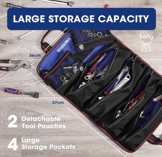 Gereedschapsroltas, multifunctionele gereedschapstas met 2 afneembare zakjes en 4 gereedschapszakjes met ritssluiting, 720D Heavy Duty gereedschapswol-organizer, ideaal voor het opbergen van