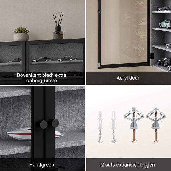 SoBuy Wandvitrine – 4 Verstelbare Legplanken – Glazen Deuren – 80 x 12,2 x 60 cm – Zwart/Grijs