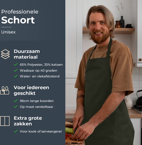 Keukenschort - Water- en vuilafstotend - Professioneel Kookschort - Schort voor Dames en Heren - Horeca Sloof - Unisex - Verstelbare Gesp - Extra Grote Vakken - Groen