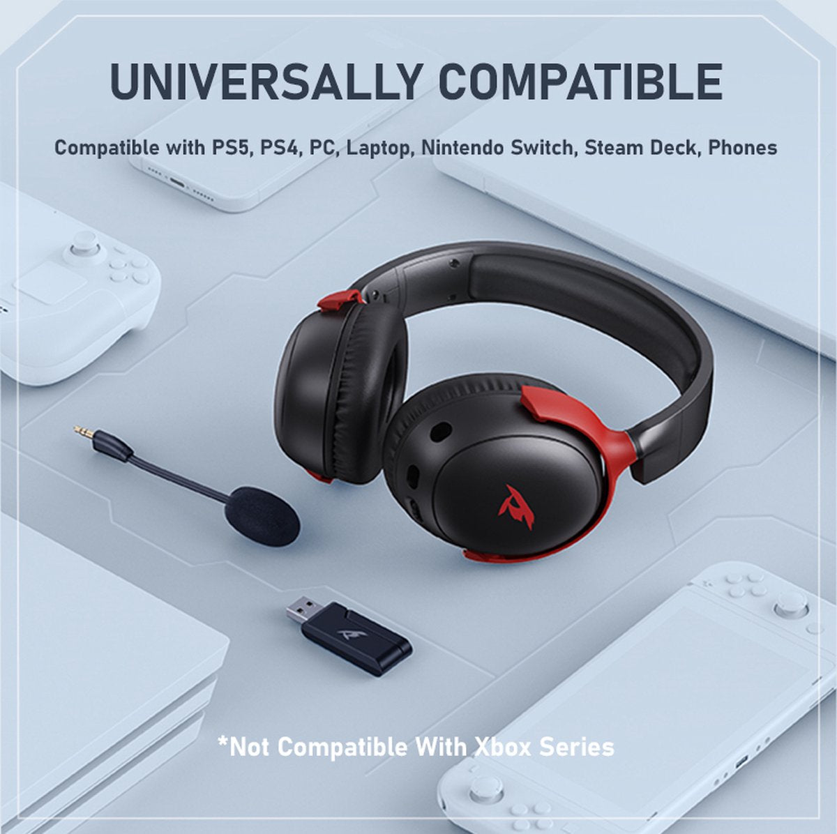 Kofire Picun G3 Draadloze Gaming Headset – Over-Ear Koptelefoon met Microfoon – 53mm Drivers – 50 Uur Batterijduur – PC/PS4/PS5/Nintendo Switch/Xbox – Zwart/Rood – 238g
