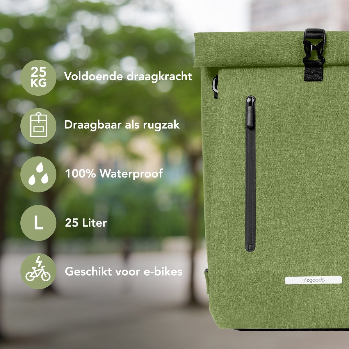 LifeGoods Enkele Fietstas - Compact - Schoudertas en Rugtas - 25L - Ronde Bagagedragers - Waterdicht - Olijfgroen