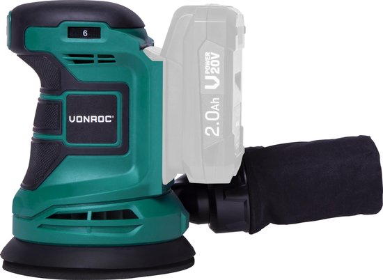 VONROC Excentrische schuurmachine – VPower 20V - Zonder accu & lader - Ø125mm - Met stofzak & 12 stuks schuurpapier