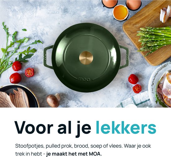 MOA Gietijzeren Braadpan - 7,2L - Voor Alle Warmtebronnen incl. Inductie - Met Deksel - Ø 30cm - Anti-Aanbaklaag - Groen