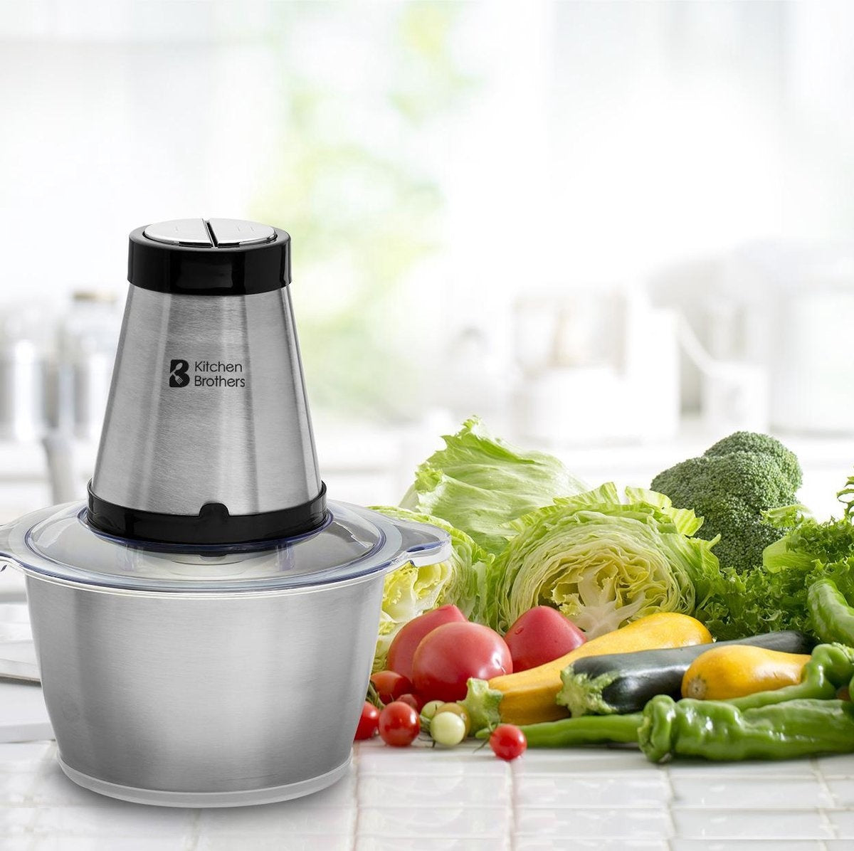 KitchenBrothers Hakmolen - Food Chopper - Elektrisch - 2 Snelheden - 300 W - 1,8 L - RVS Kom