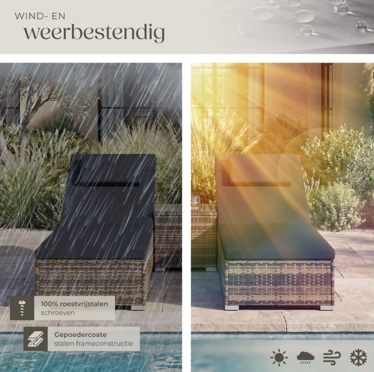 Tectake Wicker Tweepersoons Ligbed Carbonera - Natuur - 62 x 196 x 36 cm - Set van 2, met Bijzettafel