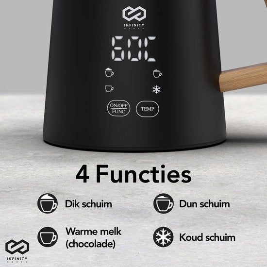 Infinity Goods Melkopschuimer - Elektrisch - 4 Functies - 500ML - Melkschuimer - Verwarmen - Antikleeflaag - Zwart