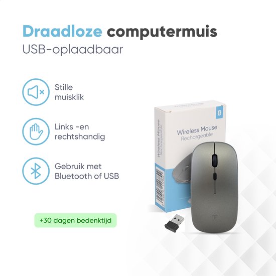 Trendfield Draadloze Muis - Oplaadbare Computermuis - Bluetooth - Ergonomische Muis met Stille Klik - Geschikt voor alle Laptops - Space Grey