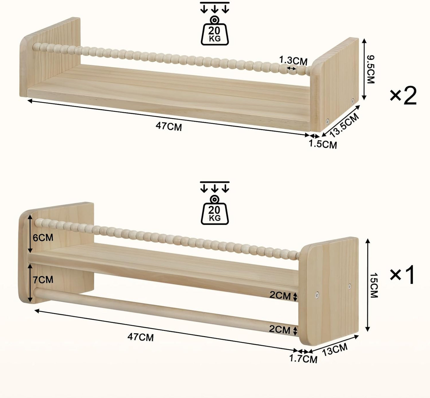 Woltu Kinderboekenplank Set van 3 Wandplanken - Massief Dennenhout Naturel - 50 x 14 x 15 cm - Zwevende Montessori Boekenplanken voor Kinderkamer