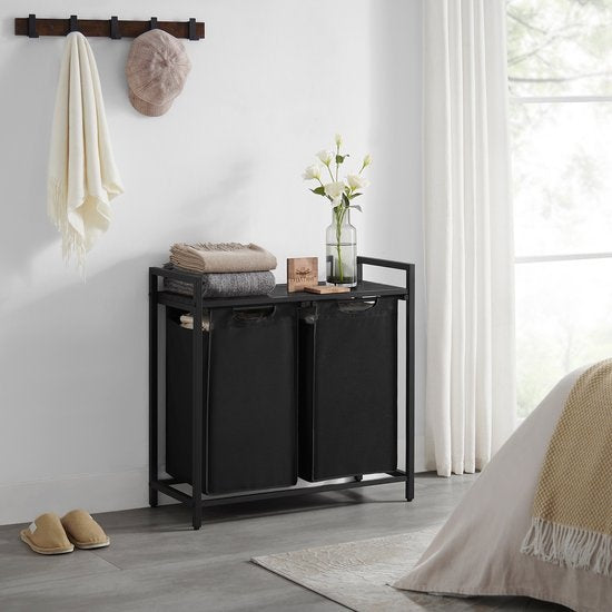 O'DADDY® Wasmand - 2 vakken – Uitschuifbare Wassorteerder Met Plank - 73 x 33 x 72 cm - Dark Grey