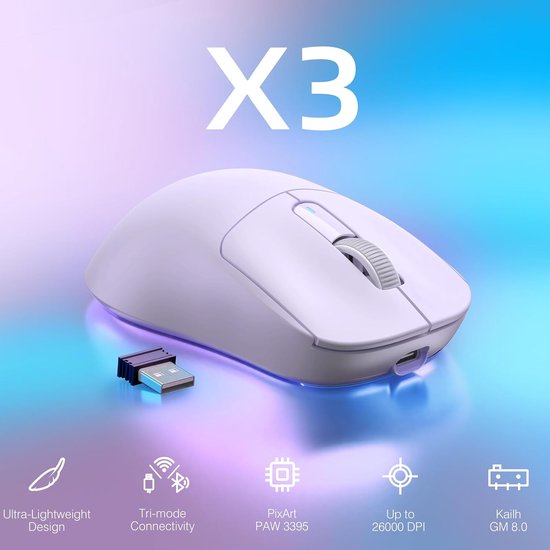ATTACK SHARK Draadloze Gaming Muis - Bekabeld/2.4G/BT5.4 - Lichtgewicht 49G - PAW3395 - 26000DPI - Lavender