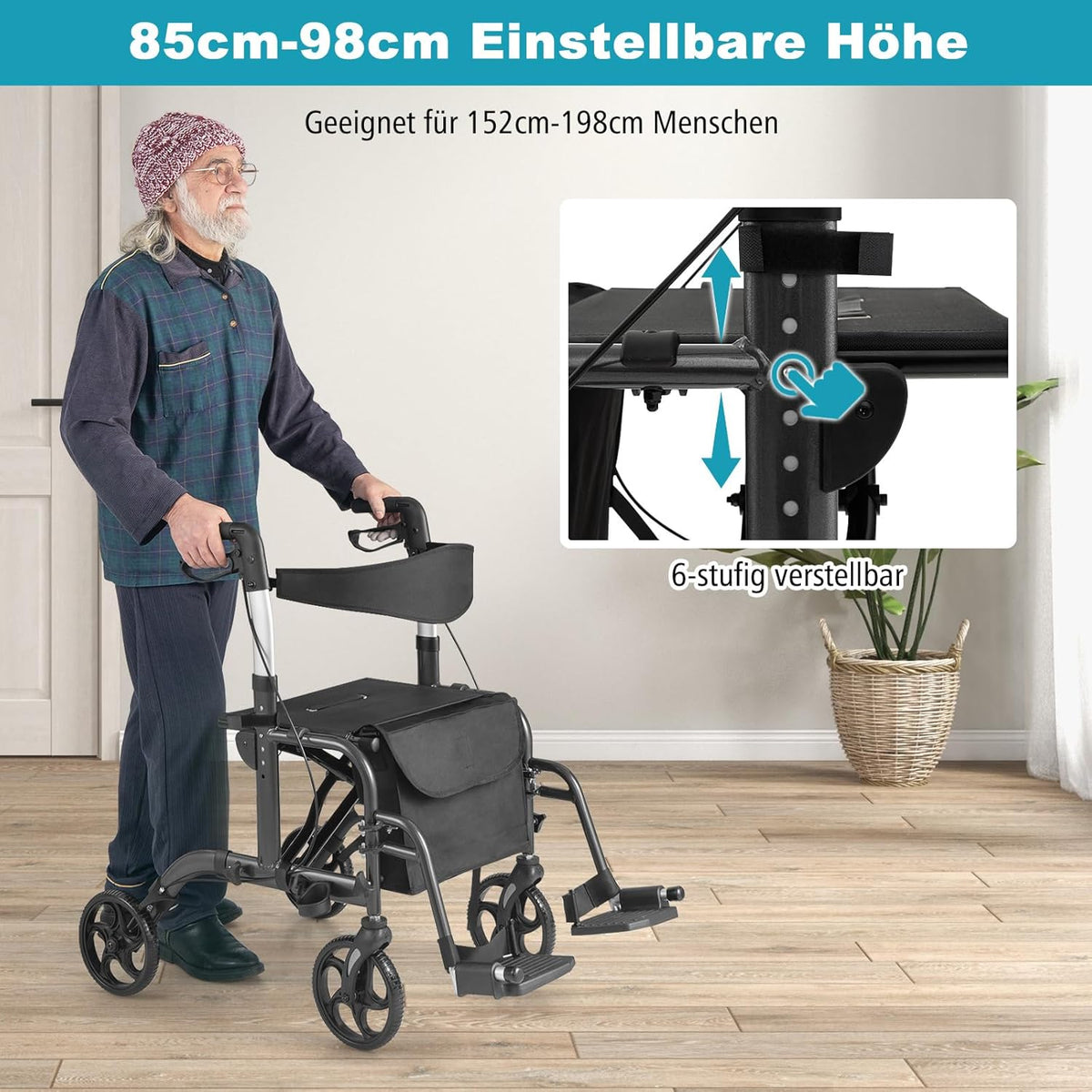 Coast Opvouwbare Rollator - Multifunctioneel - Verstelbare Hoogte - Met Tas en Stokhouder - Zwart