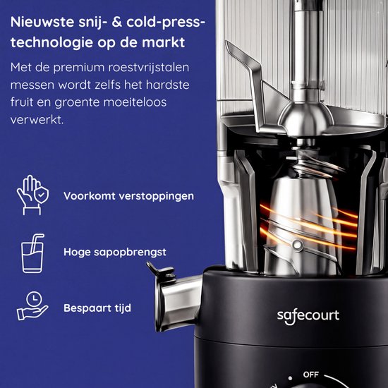 Safecourt Kitchen Slow Juicer XXL - krachtige motor [Pre-cutter & Cold-press technologie] - eenvoudige reiniging - BPA-vrij - sapcentrifuge Zwart