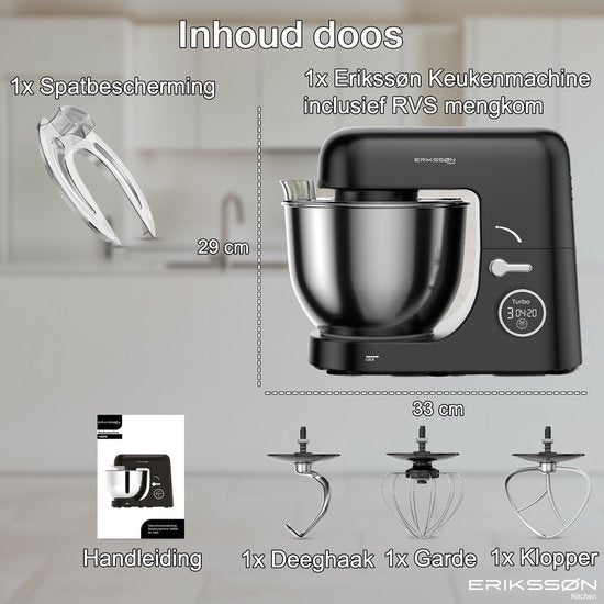 Erikssøn Kitchen Keukenmachine - 8 Snelheidsstanden Met Timer - 5L Mixer met Mengkom - 1400W - Zwart