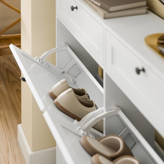 SoBuy Schoenenkast voor ingang, schoenenkast met 2 laden en 4 opklapbare deuren, praktische opslag voor 12 paar schoenen, wit, MDF E1, ideaal voor kleine ruimtes - FSR208-W