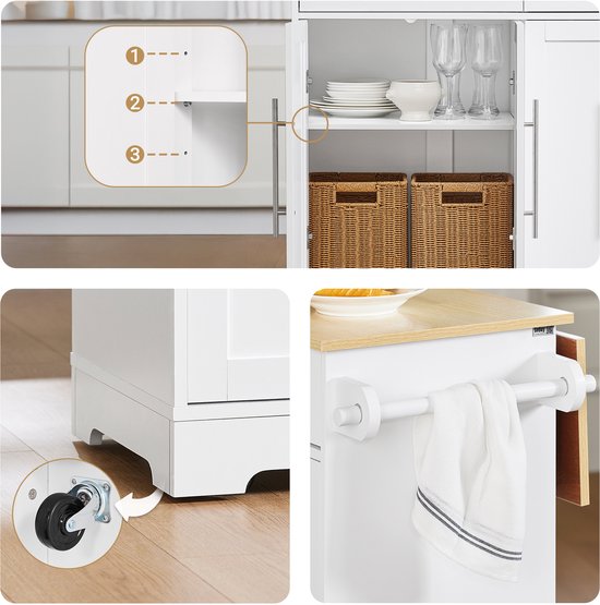SoBuy FKW129-WN Keukentrolley op Wielen – Keukeneiland met Uitschuifbaar Werkblad, 2 Lades en Verstelbare Planken – Mobiele Keukenwagen of Eettafelkast, Wit 113x91x(44-69) cm