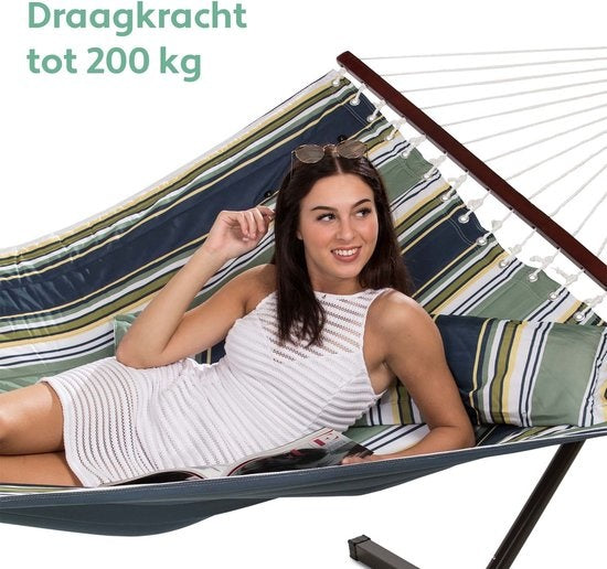 Vita5 Hangmat met Standaard en Spreidstok – 2 Persoons – Afneembaar kussen – uv-bestendig – Blauw