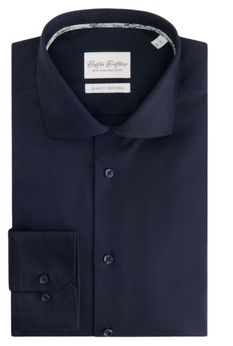 Boston Brothers Business Shirt LS – Heren | Slim Fit, Semi-Wide-Spread Kraag | 100% Katoen-Twill, Strijkvrij | Navy 40 BBO35S110