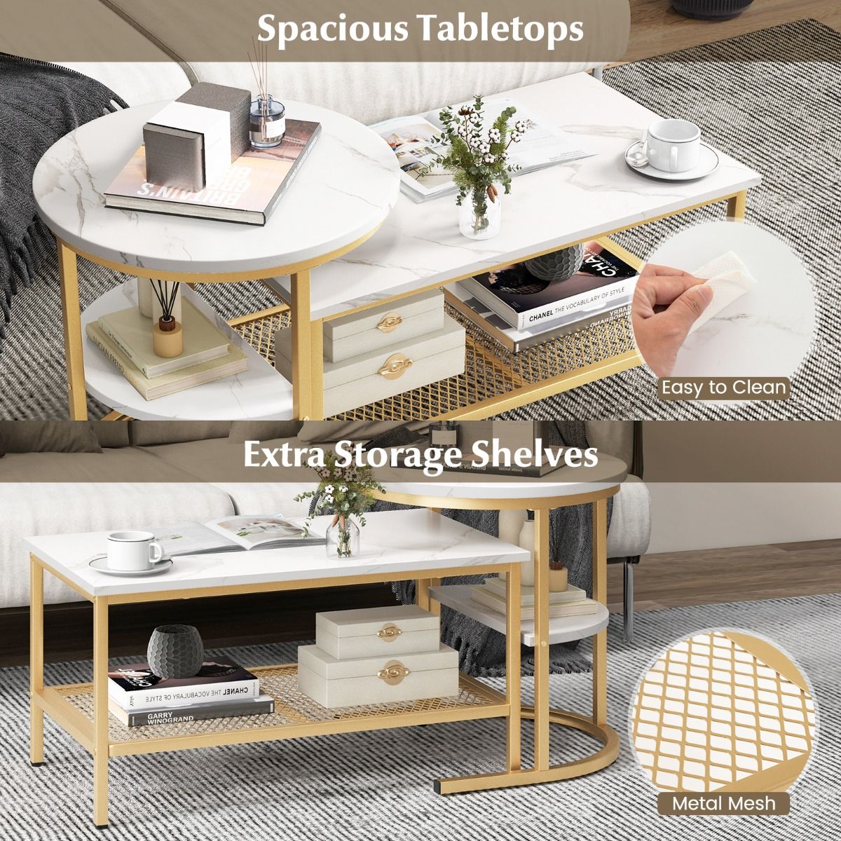 Coast Set van 2 Bijzettafels - Marmerlook tafelblad - Gouden metalen frame - Rond en rechthoekig