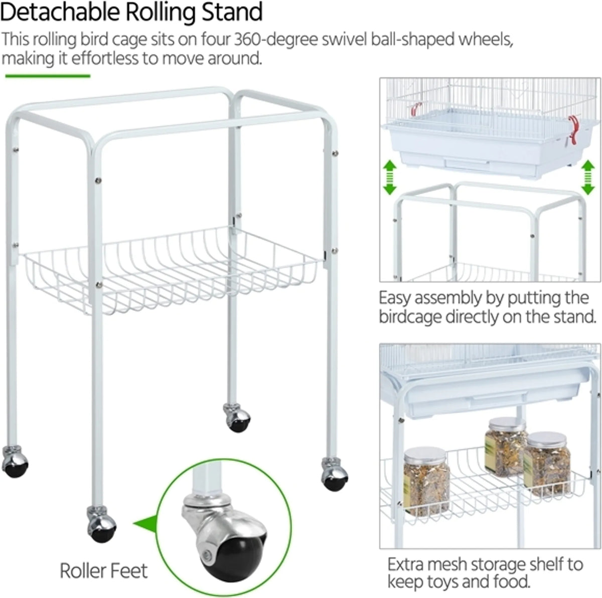 Yaheetech Vogelkooi Met Verrijdbaar Onderstel – Voorzien Van 10 mm Tralieafstand En Uitneembare Bodemlade En Inclusief Speelgoedset – Voor Parkieten En Kanaries – Wit Gepoedercoat Metaal – 46 x 35,5 x 158,5 cm