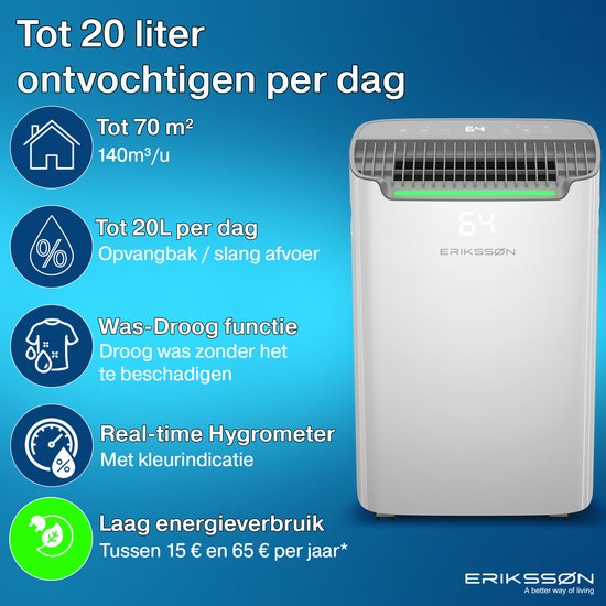 Erikssøn Luchtontvochtiger Dry Pro Plus - Ontvochtigt Tot 20 Liter Per Dag - Was-droog Functie - Geschikt Voor Huis, Slaapkamer , Badkamer , Woonkamer En Kelder - Dehumidifier - Vochtvreters Voor In Huis - Wit