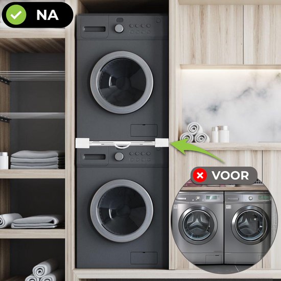 Vonia Tussenstuk Wasmachine Droger - Stapelkit Wasmachine Droger - Universeel - Verstelbaar - Uitschuifbare Handdoekhouder - Wit
