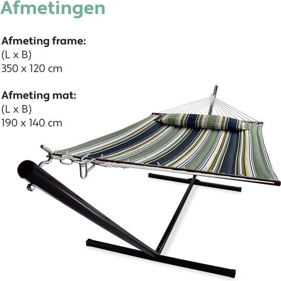 Vita5 Hangmat met Standaard en Spreidstok – 2 Persoons – Afneembaar kussen – uv-bestendig – Blauw