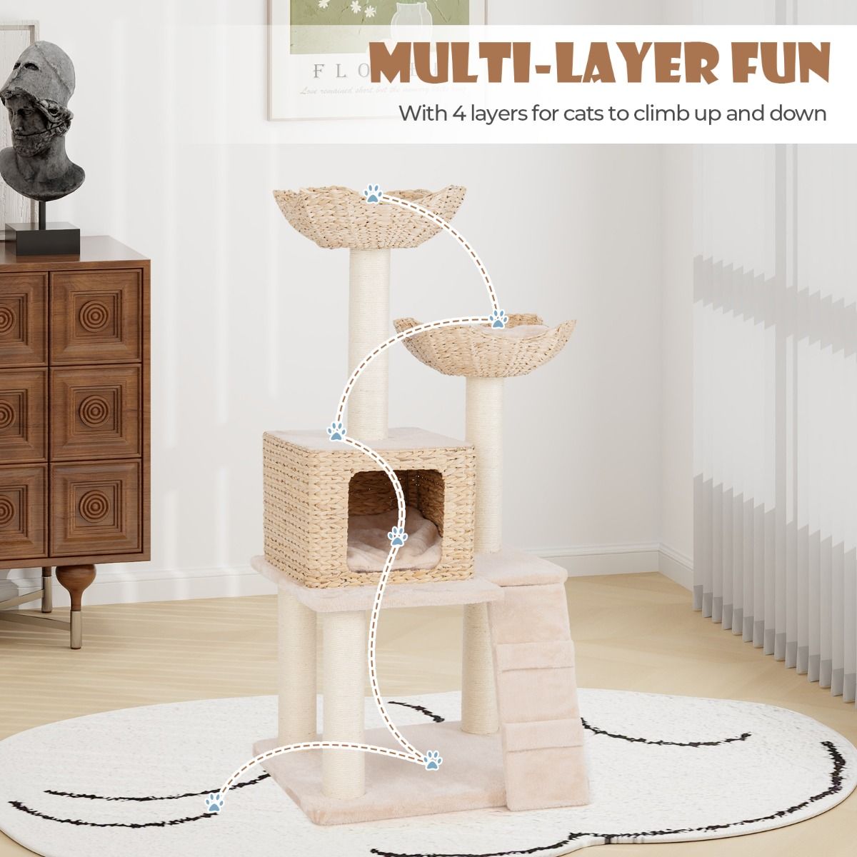 Coast Krabpaal voor katten - 4 niveaus - sisal krabpalen - wasbare kussens - beige 122 cm