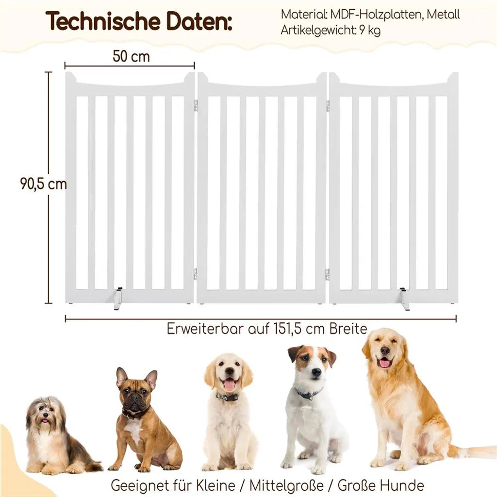 Yaheetech Hondenhekje 151,5 × 90,5 cm – Wit Hout – Opvouwbaar Veiligheidshek met 3 Panelen en 2 Steunvoeten
