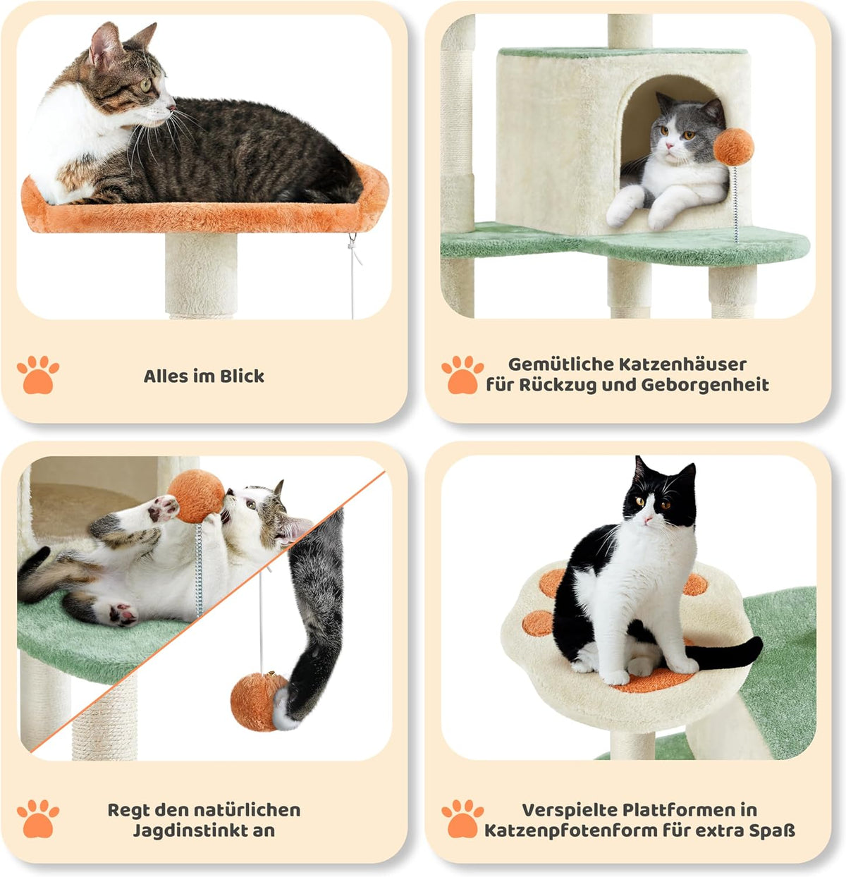 Yaheetech Krabpaal met pootdesign en kattenhuisjes - 59,5 x 55,5 x 164 cm - Beige/groen