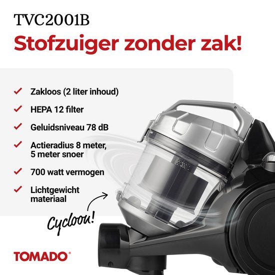 Tomado TVC2001B - Stofzuiger zonder stofzak - 2 liter - Zakloos - HEPA 12 filter - Lichtgewicht - Zwart