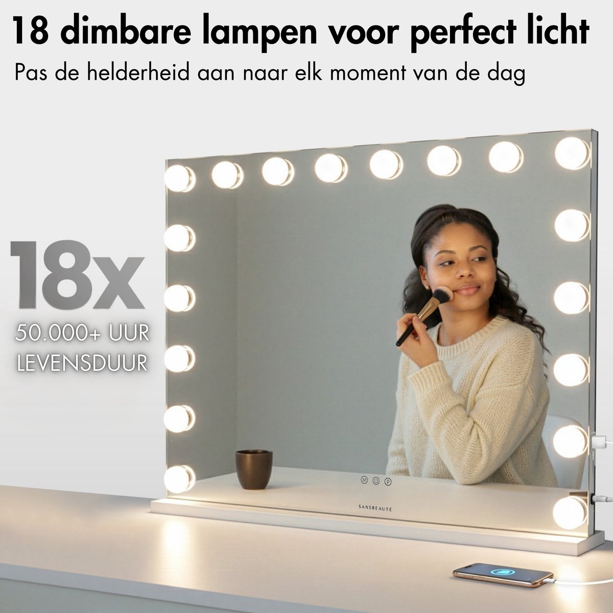 Sansbeauté® Hollywood Spiegel 80x62,5 cm - Make-up Spiegel - 18 LED Lampen - 10x Vergroting - Dimbaar - USB Oplaadpoort - Touch Control - Wit