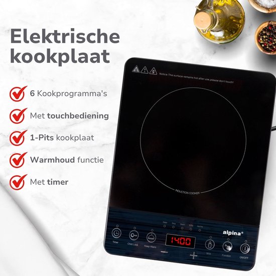 Alpina Inductieplaat - 1-Pits Kookplaat - 2000 W - Zwart