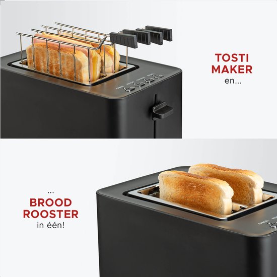Bourgini Tosti Toaster met Bagelfunctie - Broodrooster met Tostiklemmen - Zwart - Matte Finish - Extra brede sleuf geschikt voor 2 tosti's