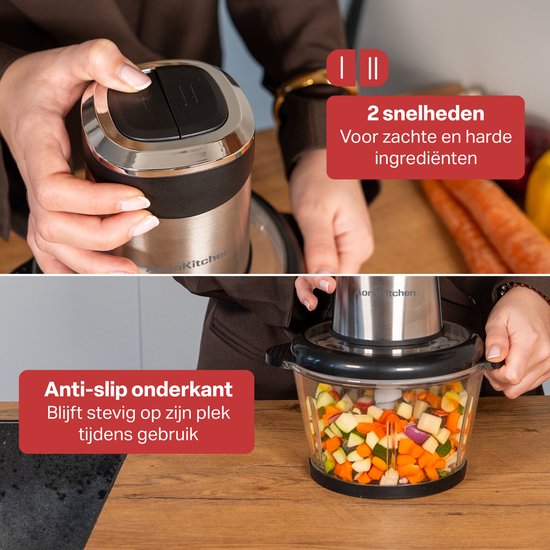 AoraKitchen Hakmolen Electrisch - 2L Glazen Kom - BPA-Vrij - 400W - 2 Snelheden - RVS - Elektrische Hakmolen - Food Chopper