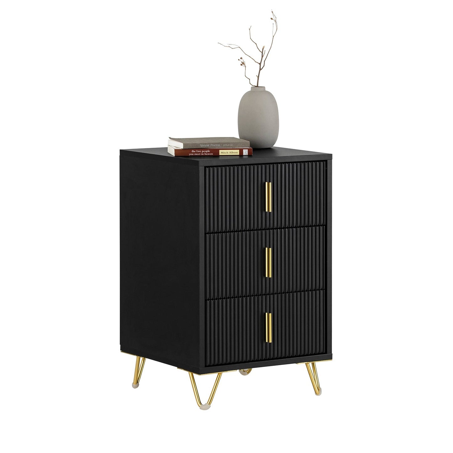 SoBuy Bijzetkastje - Nachtkastje met 3 uitschuifbare lades - Max. 33KG - 40 x 40 x 63 cm - Zwart/Goud