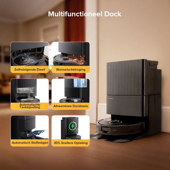 Roborock Qrevo S5V-Robotstofzuiger met dock-12000 Pa zuigkracht-FlexiArm-dweilen-Reactief obstakel vermijden-Dubbele anti-klitfunctie-Warmeluchtdroging-Obstakelvermijding en slimme navigatie-Zwart