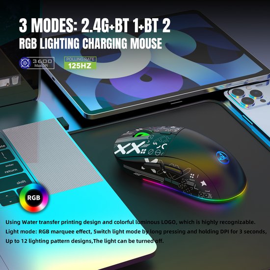 HXSJ T90 2.4G Stille Draadloze Gaming Muis - Bluetooth - Computermuizen - Ultra licht - RGB Verlichting - Zwart