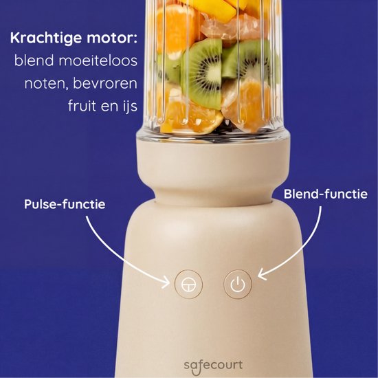 Safecourt Kitchen PureBlend - 1000W Smoothie maker - BPA vrij - inclusief to-go drinkdeksel + rietje- Premium Tritan blendbekers - Beige