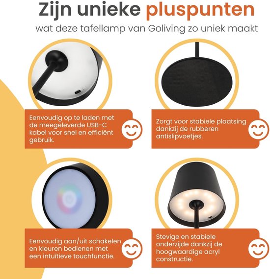 Goliving Chroma Tafellamp Oplaadbaar – Draadloos en Dimbaar – Touch Lamp – Nachtlamp Slaapkamer & Woonkamer – RGBW – 37,5 cm – Zwart