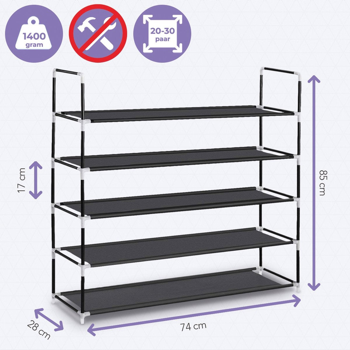 LifeGoods Schoenenrek - 5 Laags - Schoenenkast - Opbergsysteem 30 Paar Schoenen - Kunststof - Zwart