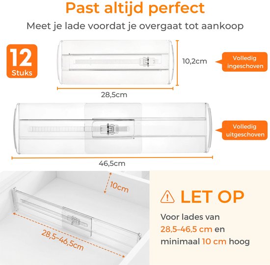 Posity Ladeverdeler - Verstelbaar & Uitschuifbaar - 12 Stuks - Lade Organizer - Voor Keuken, Slaapkamer & Kleding - Kunststof - Transparant